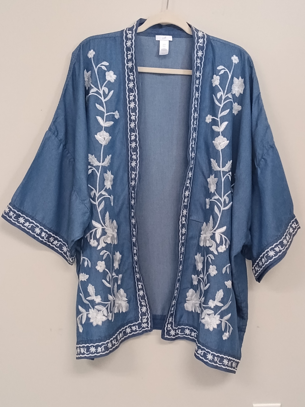 J Jill Embroidered Chambray Viscose Blue White Boxy Boho  Kimono O/S XL-3X